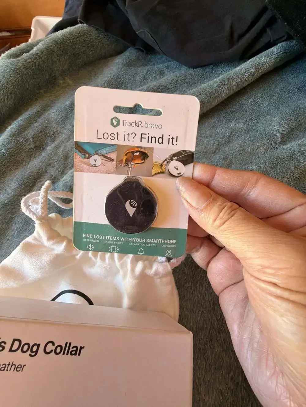 TagLock Leather AirTag Collar Holder Brown with a TrackR bravo device
